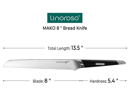 linoroso Serrated Bread Knife for Homemade Bread,Ultra Sharp Forged German High Carbon Stainless Steel Blade(8 inch),Full Tang,Ergonomic Handle- MAKO Series
