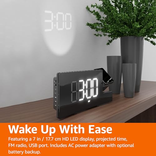 Amazon Basics Rectangular Projection Alarm Clock with Large LED Display, 180° Rotatable Projector, FM Radio, USB Phone Charging, Brightness Dimmer, Battery Backup, 12/24H, DST, Black