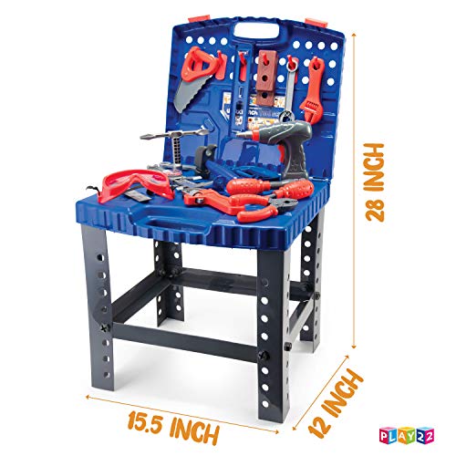 Play22 Kids Tool Set Bench 76 Pc - Toddler Tool Bench Set with Electronic Play Drill - Stem Educational Toy Pretend Play Construction Work Shop - Preschool Toy Gift for Kids Children Boys and Girls