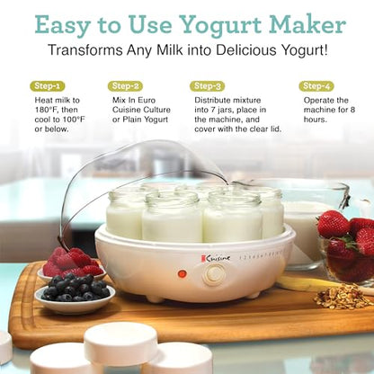 Euro Cuisine YM80 Electric Yogurt Maker Machine- Promote Gut Health with Probiotic Rich Homemade Yogurt -Home Yogurt Incubator with Glass Jars, White