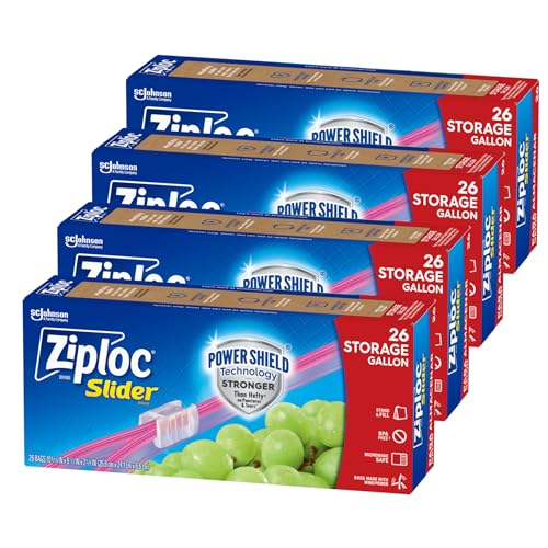 Ziploc Gallon Food Storage Slider Bags, Power Shield Technology for More Durability, 26 Count (Pack of 4)