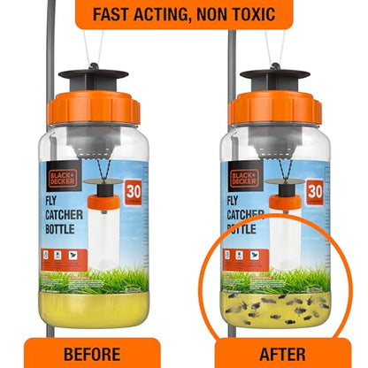 BLACK+DECKER Fly Trap & Fly Catcher Bottle- Outdoor Reusable Hanging Fly Trap with Natural Non-Toxic Bait Add Water to Catch House & Horse Flies in Garden, Backyard & Barn 30-Gram Trap