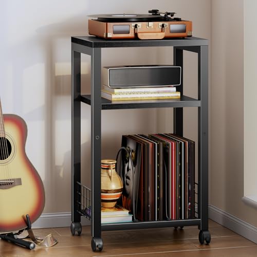 3 Tier Small Side Table with Record Shelf Stand