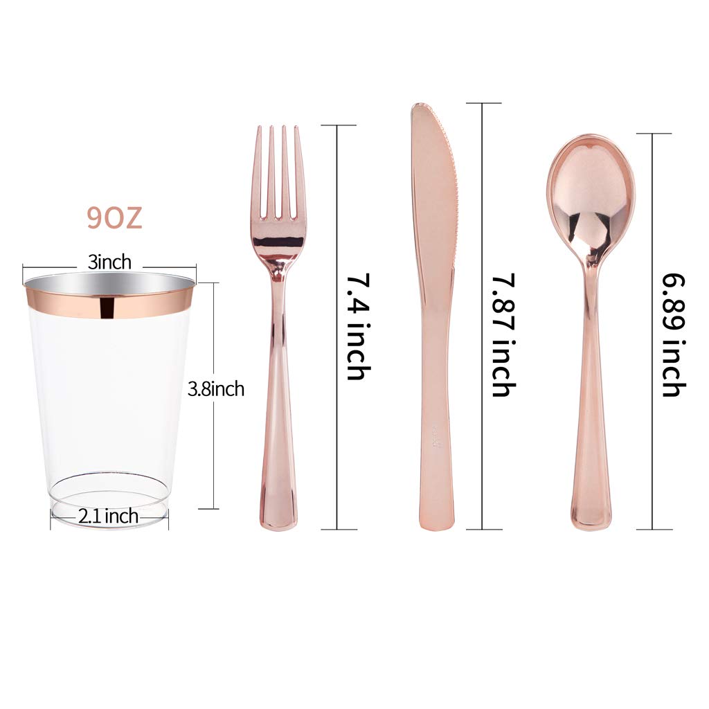 IOOOOO 150 Pcs Rose Gold Plastic Plates & Silverware & Disposable Cups, Laced Design Includes 25 Dinner Plates 10.25" 25 Dessert Plates 7.5" 25 Tumblers 25 Forks 25 Knives 25 Spoons for Party