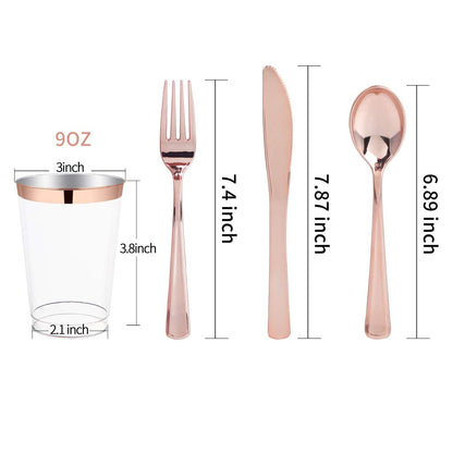 IOOOOO 150 Pcs Rose Gold Plastic Plates & Silverware & Disposable Cups, Laced Design Includes 25 Dinner Plates 10.25" 25 Dessert Plates 7.5" 25 Tumblers 25 Forks 25 Knives 25 Spoons for Party