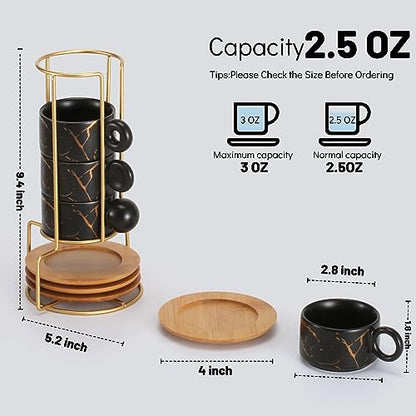 LURRIER Porcelain Espresso Cup with Saucer and Metal Stand, 3 Ounce Stackable Ceramic Demitasse Espresso Mugs Cups Set for Latte,Coffee,Cafe Mocha,Tea(Set of 4),Marbling Black