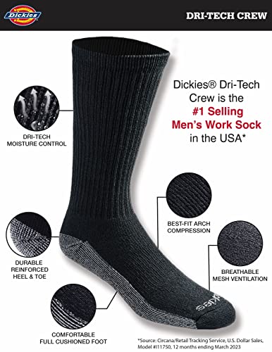 Dickies Men's Dri-Tech Legacy Moisture Control Crew Socks Multipack, Black (6 Pairs), Medium