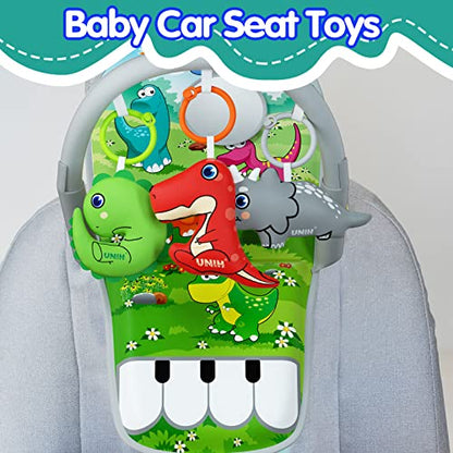 UNIH Car Seat Toys for Baby Infant 6 Months and Up, Pedal Piano Adjustable Carseat Toys with Music, Baby Mirror and Hanging Squeaky Sensory Soft Baby Toys 6 to 12 Months