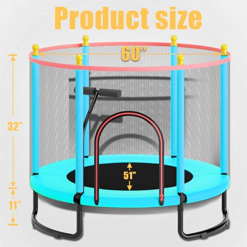 JESTGO 60" Trampoline for Kids Toddler Trampoline with T-Handrail, 5FT Recreational Trampoline Indoor Outdoor Trampoline with Basketball Hoop, Ocean Ball, Mini Trampoline for Children Birthday (Blue)