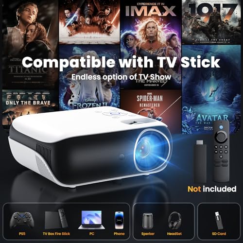 HAPPRUN Projector, Native 1080P Bluetooth Projector, Portable Outdoor Movie Projector, Full HD Mini Projector with Speaker for Home Bedroom, Compatible with Smartphone,HDMI,USB,AV,Fire Stick,PS5