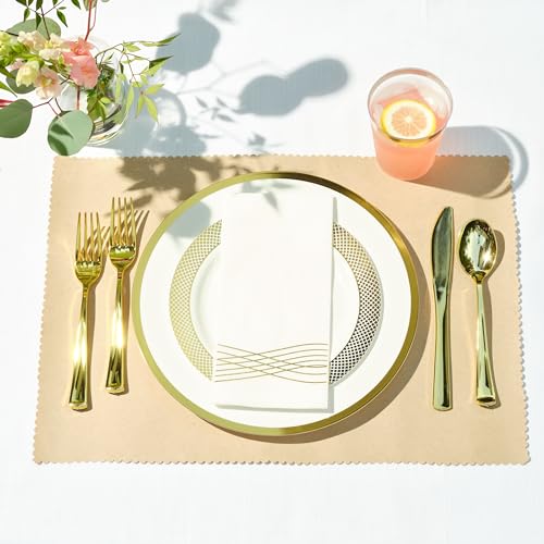 By Madee HEAVYWEIGHT Elegant Disposable Dinnerware Set | Gold Fancy Plastic Dinnerware Sets | Plates Cutlery Napkins Cups | Gold Party Plates | White and Gold Plastic Plates | 400 Pcs (50 Guests)