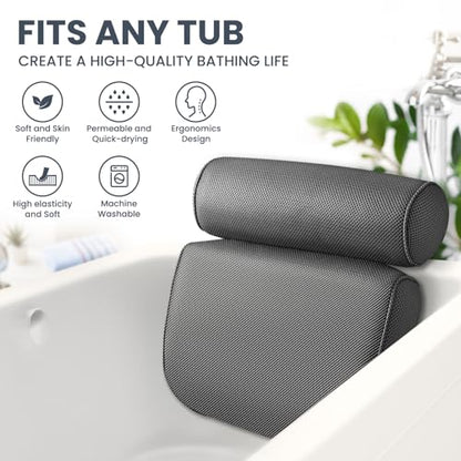 LuxStep Bath Pillow Bathtub Pillow with 6 Non-Slip Suction Cups,14.6x12.6 Inch, Extra Thick and Soft Air Mesh Pillow for Bath - Fits All Bathtub, Grey