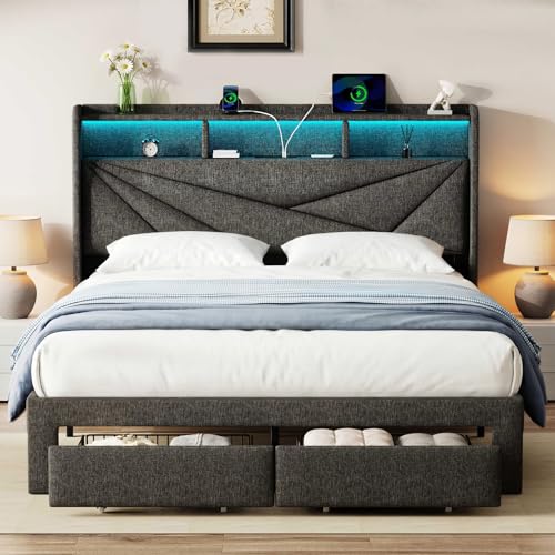 Full Bed Frame with Storage Headboard and LED Lights