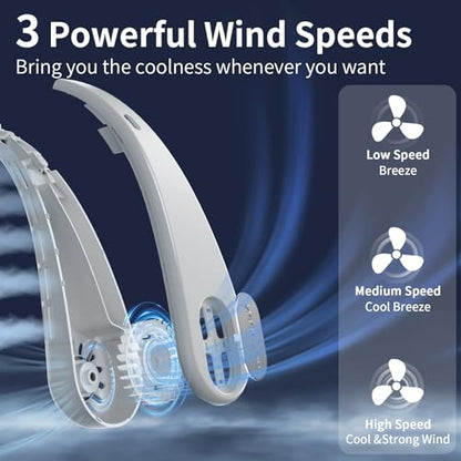 Prubensic Portable Neck Fan, Hands Free Bladeless Personal Fan, 4000mAh Battery USB Rechargeable, 360° Fast Cooling, Ultra Quiet, Travel Essentials, Suit Home Office Sports, Gifts for Women Men White