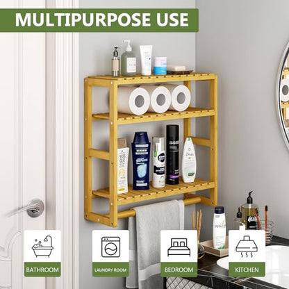 Bamboo Floating Shelves Bathroom Storage 3-Tier - Multifunctional Adjustable Over Toilet Rack Bathroom Organizer for Space-Saving Wall Mount Storage Used in The Kitchen/Living Room(Bamboo)