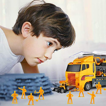 19 in 1 Construction Truck with Engineering Worker Toy Set, Mini Die-Cast Engine Car in Carrier Truck, Double Side Transport Vehicle Play for Child Kid Boy Girl Birthday Christmas Party Favors