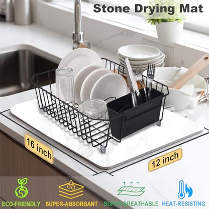 Stone Dish Drying Mat for Kitchen Counter, 16x12 inch Food Grade Diatomaceous Earth Ultra Absorbent Dish Mats, Quick Dry Pad for Bottles, Dishes,Cups and More (White Marble)
