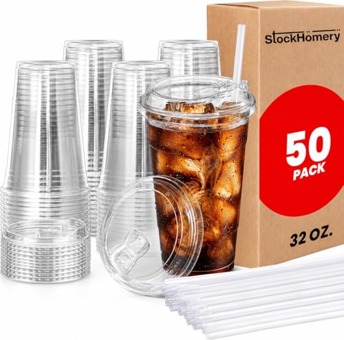 32 oz Reusable Plastic Cups with Lids and Straws