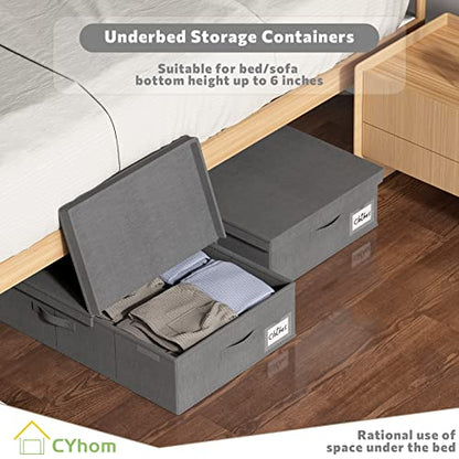 2Pack Under Bed Storage Bins With Lids Carry Handles Linen Fabric Foldable Stackable Sturdy Large Capacity Clothes Organizer for Clothing, Shoes, Blankets, Sweaters (Grey, 31.9‘*17’*6‘)