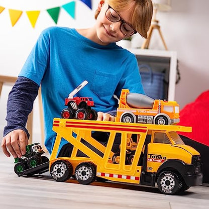 Tonka Steel Classics, Classic Car Carrier – Made with Steel and Sturdy Plastic, Yellow Friction Powered, Boys and Girls, Toddlers Ages 3+, Big Construction Truck, Birthday Gift, Holiday