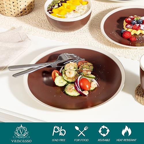 vancasso Seesami 16 Pieces Dinnerware Set Service For 4, Dark Brown and Cream Stoneware Made With Bowls Dinner Plates Dessert Plates and Mugs
