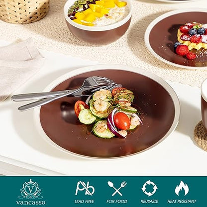 vancasso Seesami 16 Pieces Dinnerware Set Service For 4, Dark Brown and Cream Stoneware Made With Bowls Dinner Plates Dessert Plates and Mugs