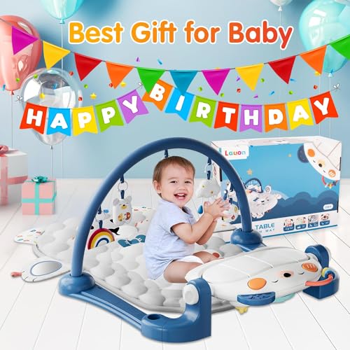 Lauon Baby Play Gym Mat, Bear Shaped 500,000 Tolerance Kick and Double Side Piano Thicken Activity Mat w 5 Detachable Toys, Tummy Time Mat Promote Motor Skills & Sensory Development Mat for Newborn