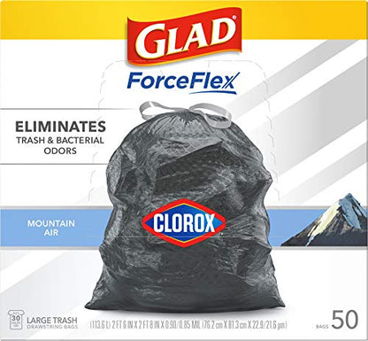 Glad Trash Bags, Large Drawstring Garbage Bags ForceFlex with Clorox, 30 Gallon Black Trash Bags, Mountain Air 50 Count (Package May Vary)