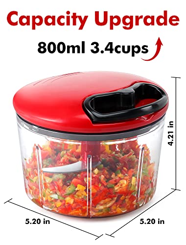Food Chopper, Pull Onion Chopper Dicer, Hand Powered Food Chopper, Fast Cutting Hand Chopper Mincer for Oinon, Garlic, Nut, 3.4 Cups 0.8L, Red