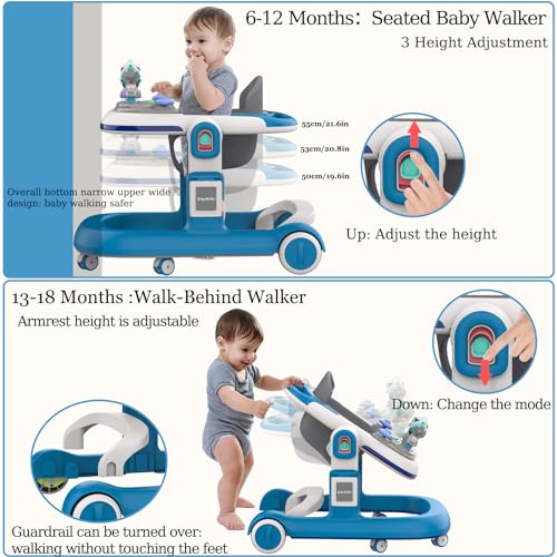Baby Walker, Baby Walker with Wheels and LED Light, 4 in 1 Foldable Baby Walker, Adjustable Speed and 3 Height for Baby Girl and Baby Boy, Baby Walkers for Babies 6-18 Months