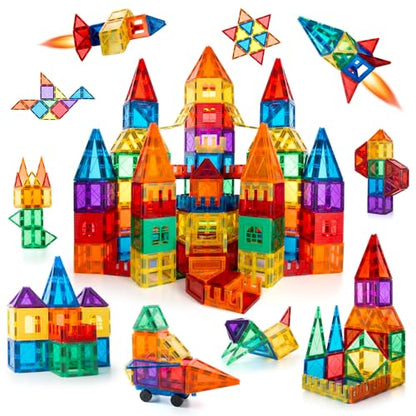 MagHub Magnetic Tiles 65 Piece Colorful Magnetic Blocks Set with car, Unique Clear 3D Magnetic Building Blocks for 3+ Years Old Boys and Girls, STEM Construction Preschool Magnets for Kids Toddlers