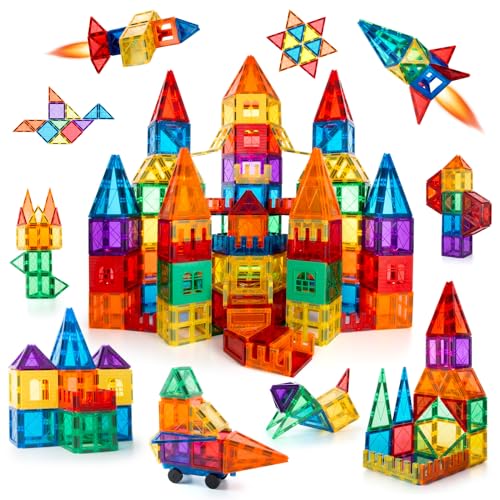 MagHub Magnetic Tiles 65 Piece Colorful Magnetic Blocks Set with car, Unique Clear 3D Magnetic Building Blocks for 3+ Years Old Boys and Girls, STEM Construction Preschool Magnets for Kids Toddlers