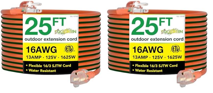 Go Green Power Inc. (GG-13725) 16/3 SJTW Outdoor Extension Cord, Lighted End, 25 ft (Pack of 2)