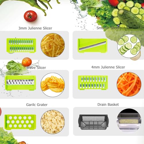 Krubeco Vegetable Chopper, Onion Chopper, 10 in 1 Multifunctional Chopper With 8 Blades Veggie Chopper and Slicer, Dicing Machine, Carrot Chopper for Salad Potato Carrot Garlic（Gray-Green）