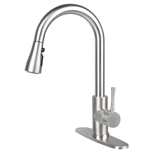 KANONEY Single Handle High Arc Pull Out Kitchen Faucet, Stainless Steel Commercial Modern Kitchen Sink Faucets with Pull Down Sprayer & 10” Deck Plate for Bar Laundry RV Utility Sink