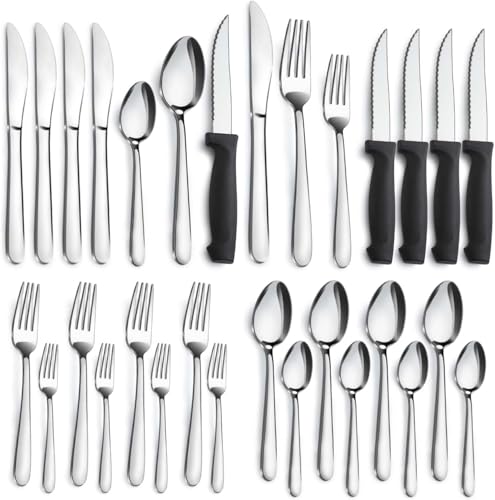 24-Piece Stainless Steel Silverware Set with Steak Knives