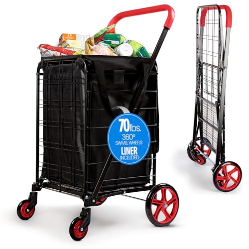 SereneLife Folding Shopping Cart with Liner and Swivel Wheels
