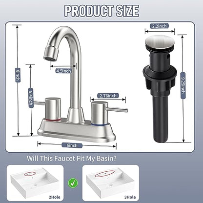 Bathroom Faucets for Sink 3 Hole, Brushed Nickel Bathroom Sink Faucet 4 Inch 2 Handle Centerset,360 Swivel Spout Faucet for Bathroom Sink 2-3 Hole RV Bathroom Vanity Sink,with Pop Up Drain