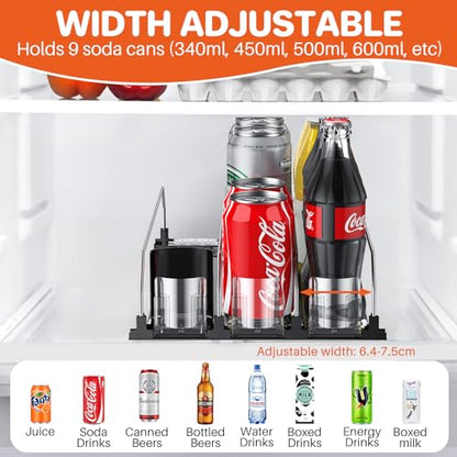 FUNYKICH Soda Can Dispenser for Refrigerator, Drink Organizer for Fridge with Automatic Pusher Glide, Width Adjustable, Self Pushing Fridge Drinks Organiser- Holds up to 15 Cans, 3 Rows, 9.9''Wx15''D