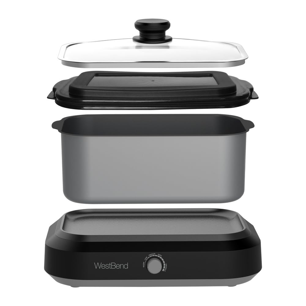 West Bend 87905 Slow Cooker Large Capacity Non-stick Vessel with Variable Temperature Control Includes Travel Lid and Thermal Carrying Case, 5-Quart, Silver