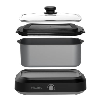 West Bend 87905 Slow Cooker Large Capacity Non-stick Vessel with Variable Temperature Control Includes Travel Lid and Thermal Carrying Case, 5-Quart, Silver