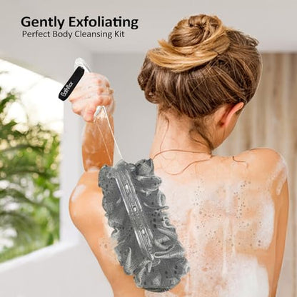 Bathflor Shower Loofah Sponge Exfoliating Body Scrubber: 4PCS Extra Large 80g Soft Mesh Luffa Poufs, 1PCS Long Handle Back Scrubber, 1PCS Lufa Hook, Charcoal Loofa for Women & Men Bath Wash (Black)