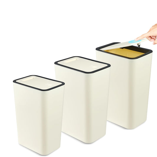 Anzoymx Bathroom Trash Cans with Lids - 3 Pack Kitchen Garbage Can 4 Gallons 2 PCS and 3 Gallons 1 PC with Pop Up Lid,Small Narrow Waste Basket for Bedroom Living Room and Office(3 Pack,Yellow)