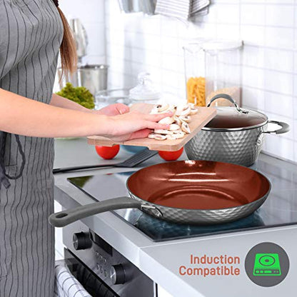 NutriChef Nonstick Cookware Excilon |Home Kitchen Ware Pots & Pan Set with Saucepan Frying Pans, Cooking Pots, Lids, Utensil PTFE/PFOA/PFOS Free, 11 Pcs, Gray