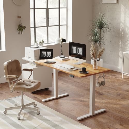 FAMISKY Height Adjustable Standing Desk, 48x 24 Inch Electric Stand up Home Office Table, Sit Stand Desk Computer Workstation with Splice Board, White Frame & Light Rustic Brown Desktop