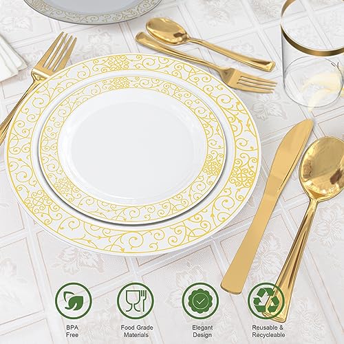 GreenElevate Easter Plastic Plates, 300 Pieces Disposable Plates for 50 Guests: 50 Dinner Plates, 50 Dessert Plates, 50 Cups, 50 Gold Plastic Silverware, Disposable Party Plates Set