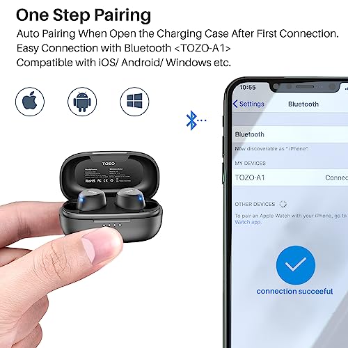 TOZO A1 Mini Wireless Earbuds Bluetooth 5.3 in Ear Light-Weight Headphones Built-in Mic Calls, IPX5 Waterproof, Immersive Premium Sound Connection Headset with Charging Case, 32 Preset EQs via APP