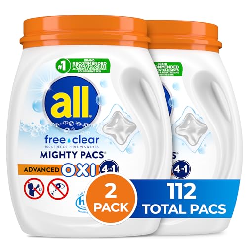 All Mighty Pacs Laundry Detergent with OXI Stain Removers and Whiteners, Free Clear, 56 Count, Pack of 2, 112 Total Loads