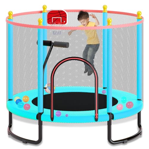 JESTGO 60" Trampoline for Kids Toddler Trampoline with T-Handrail, 5FT Recreational Trampoline Indoor Outdoor Trampoline with Basketball Hoop, Ocean Ball, Mini Trampoline for Children Birthday (Blue)