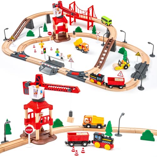 86 Piece Wooden Train Track Set with Crane